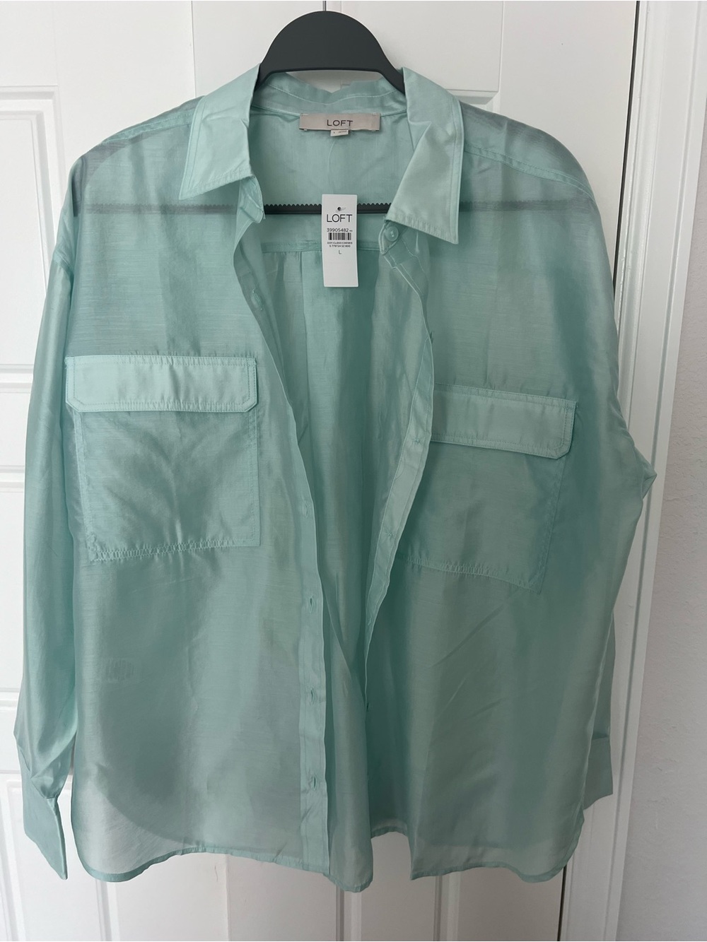 LOFT Sheer light mint Blouse NWT | Button Up Shirt | Front Pockets 86% Lyocell